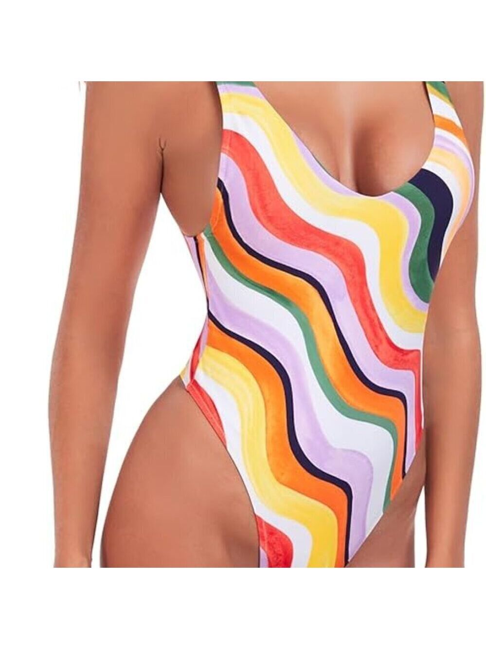 ✨ RELLECIGA Colorful Wave Thong One Piece Swimsuit Plunge Bodysuit NWOT